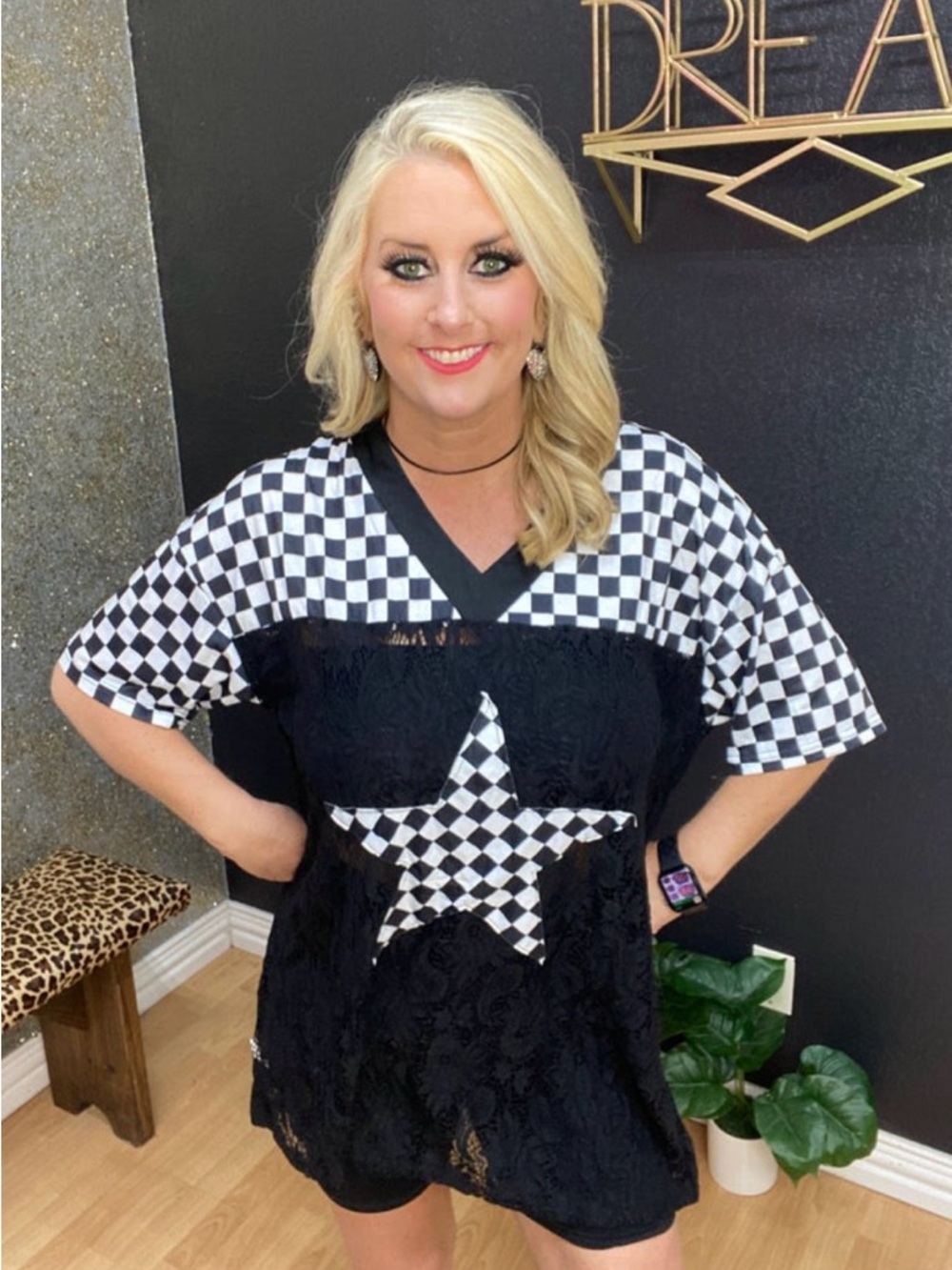 Women's Black & White Checkerboard Star Lace Tee